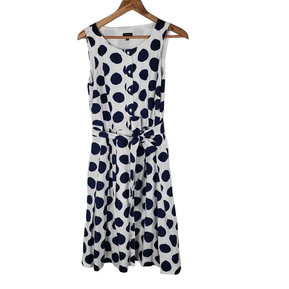 Talbots White Blue Polka Dot Sleeveless Tie Waist Fit Flare Shirt Dress Size 6 - Picture 1 of 7